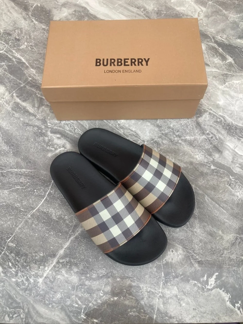 Burberry Check Slide Sandals in Black and Beige / Brown - Picture 2 of 5